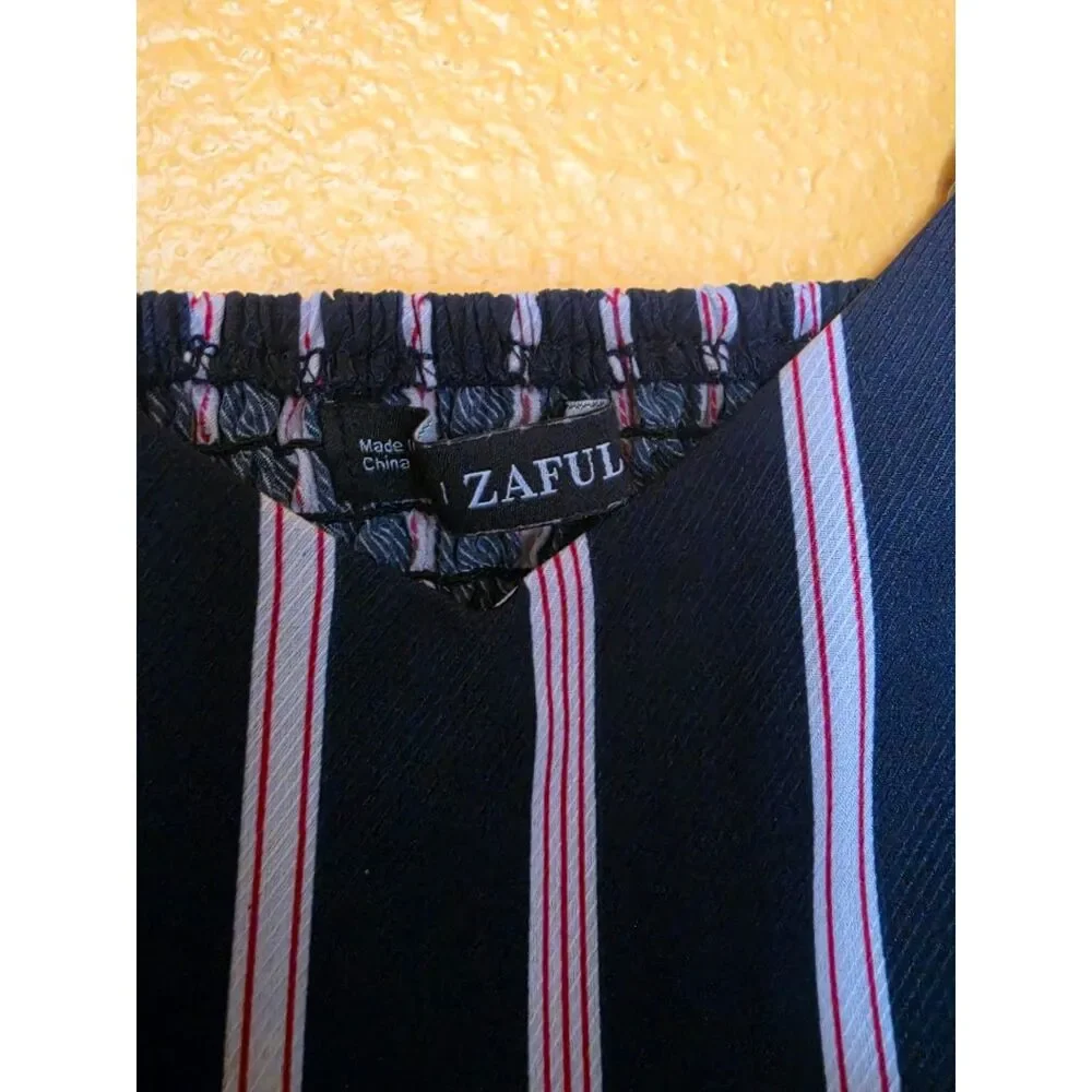 Size S Navy blue and white w/red pinstripe crop top